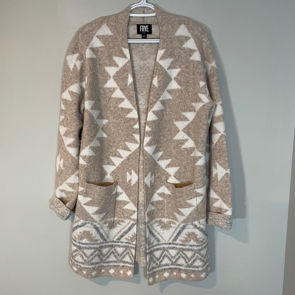Frye‎ Womens Southwestern Geometric Longline Cardigan Sweater Beige Ivory Small